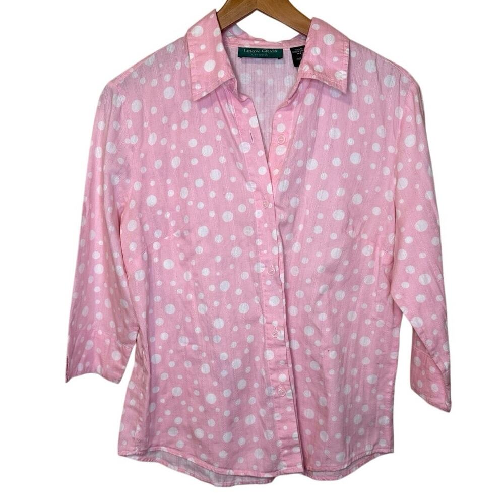 Lemon Grass Studio Polkadot Pink Preppy Cotton 3/4 Sleeve Button Up Top Small